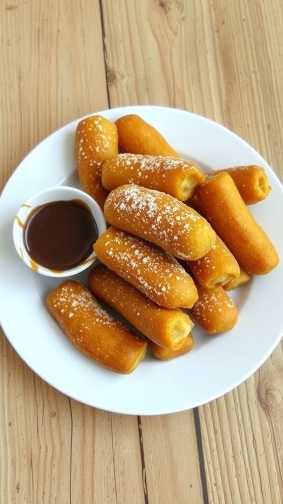 Crispy fried bananas on a plate with powdered sugar and chocolate sauce.